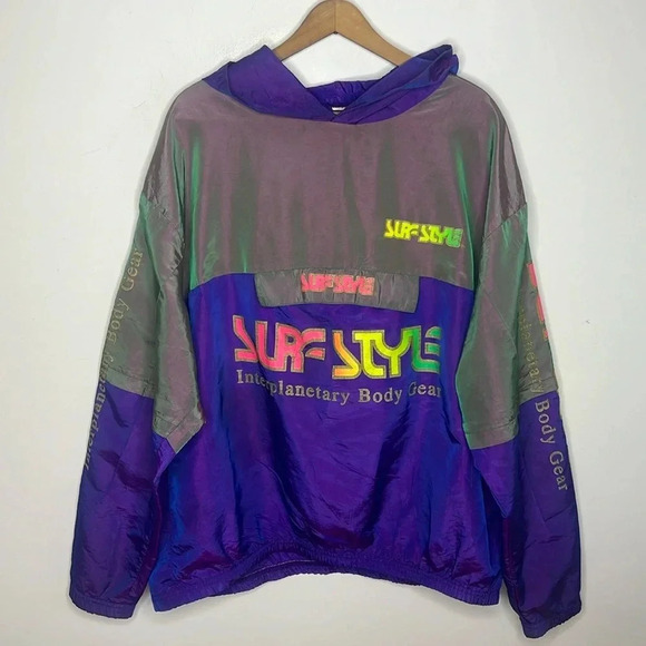 Vintage 90s SURF STYLE Body Gear iridescent hooded windbreaker popover jacket - Picture 14 of 15